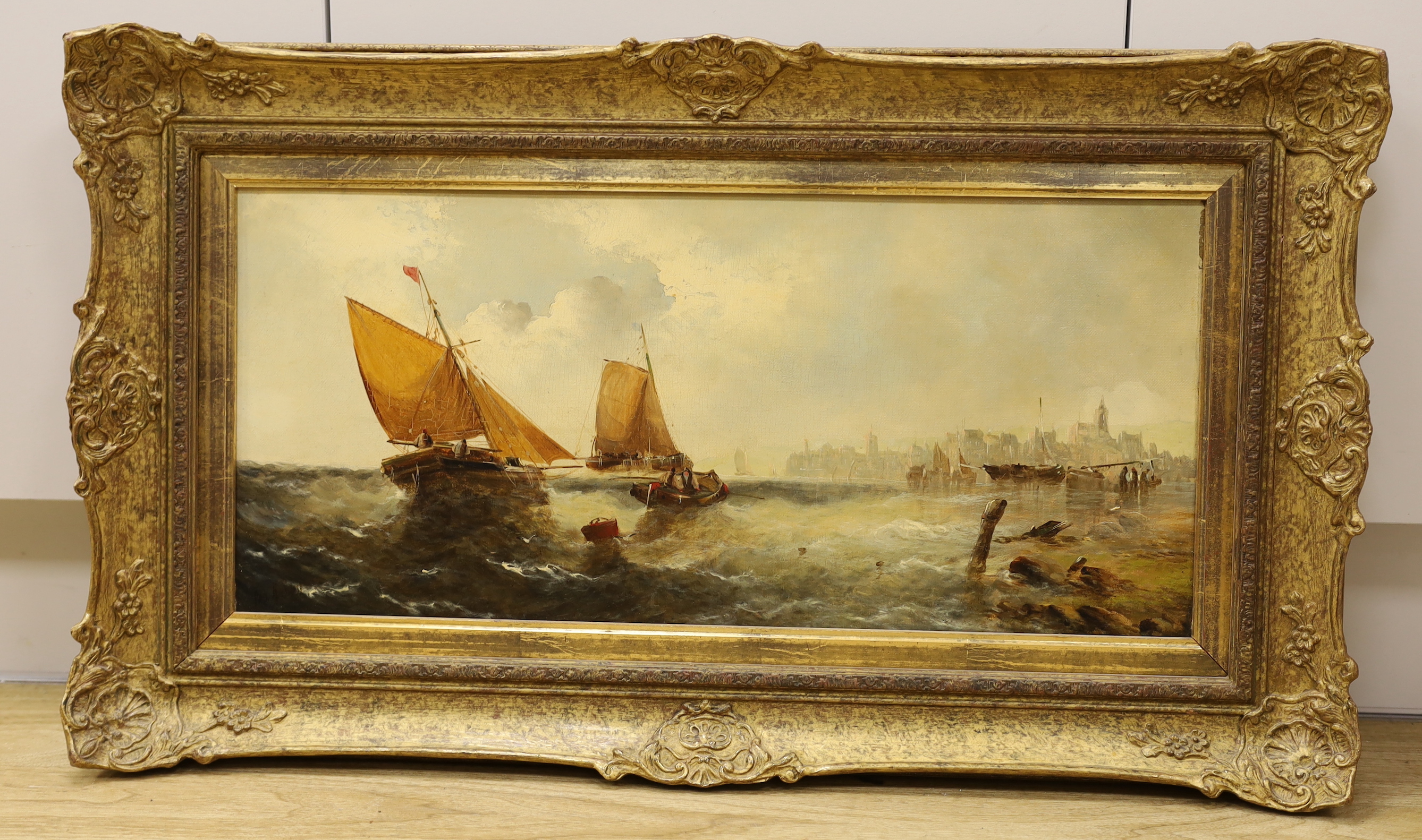 A 20th century oil on canvas, Fishing boats beside shoreline, indistinctly signed, P M?, 27 x 60cm
